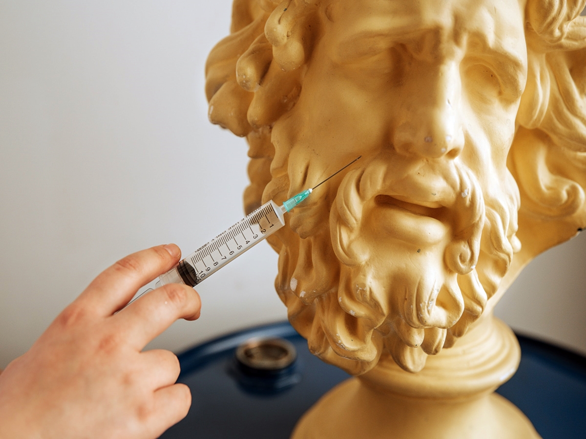 Botox Injectable held next to a portrait statue  