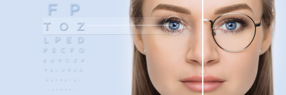 close-up of a woman's face, half with glasses, half without, and with better vision, with an eye chart in the distance to represent the blog you are reading titled "Is LASIK Permanent? How Long Does LASIK Last?"