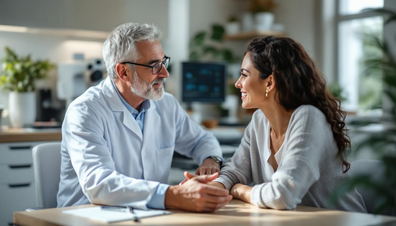 Patient speaking with an older eye surgeon about Understanding LASIK Candidacy in a open room