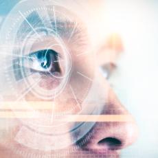 Close up of an eye ready for LASIK eye surgery or EVO ICL lens surgery with a graphic shown around the eye to show advanced tech.