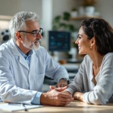 Patient speaking with an older eye surgeon about Understanding LASIK Candidacy in a open room